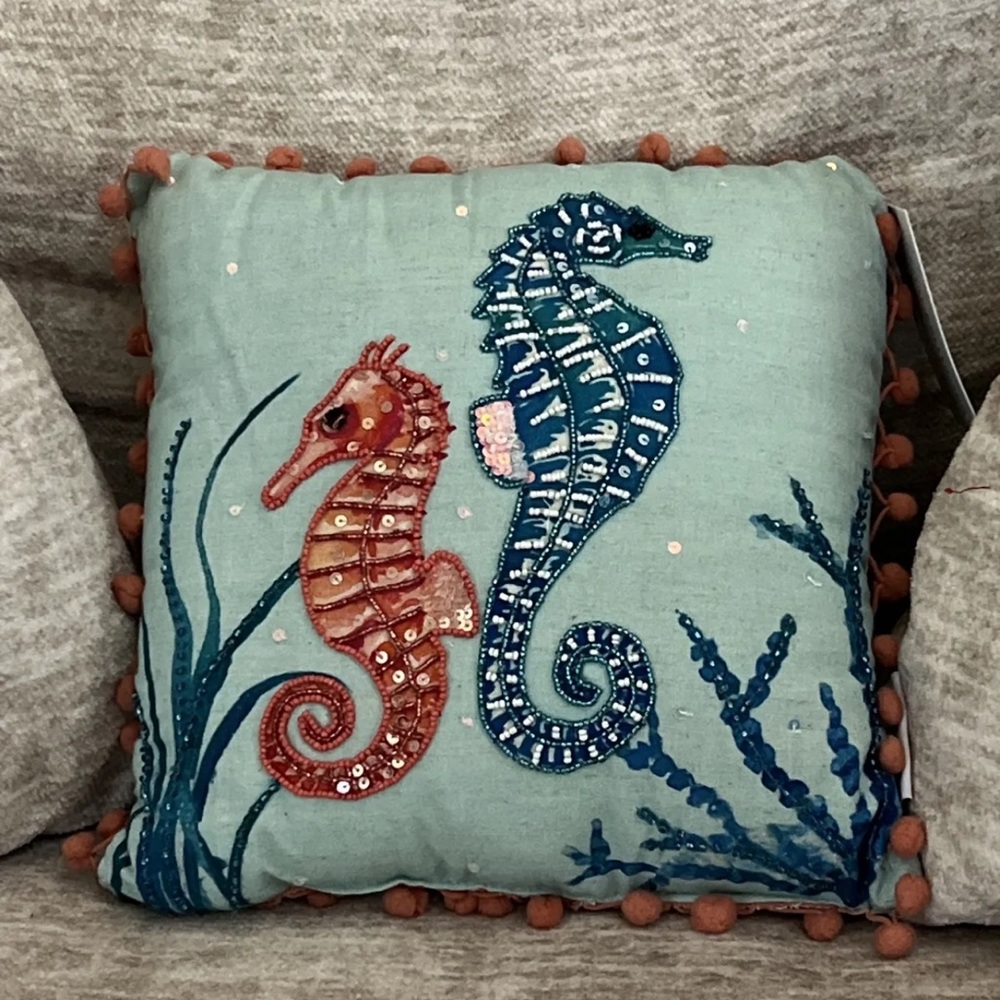 Coastal Collection Seahorse Beaded Throw Pillow